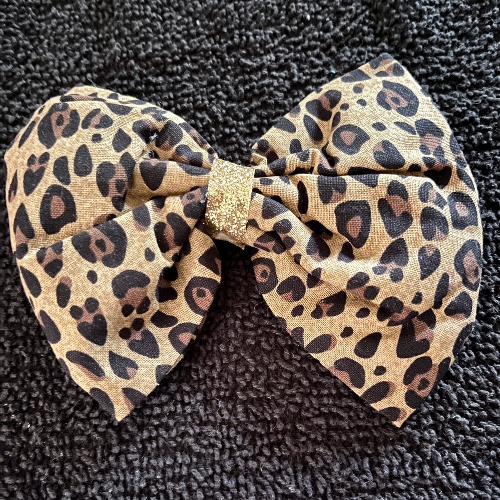 Hand Crafted Leopard Pattern Hair Bow with Gold Accent